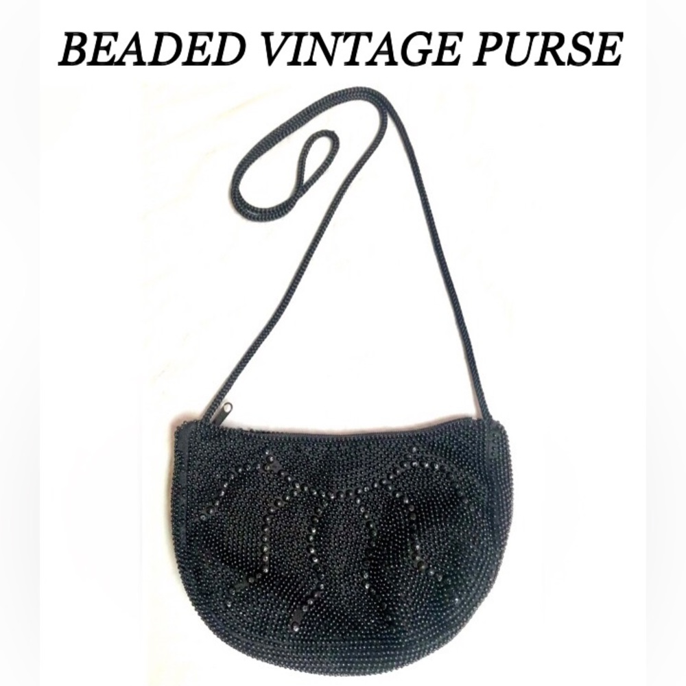 🛍BEADED Small black Cross Body long strap Purse size 8x5 EUC